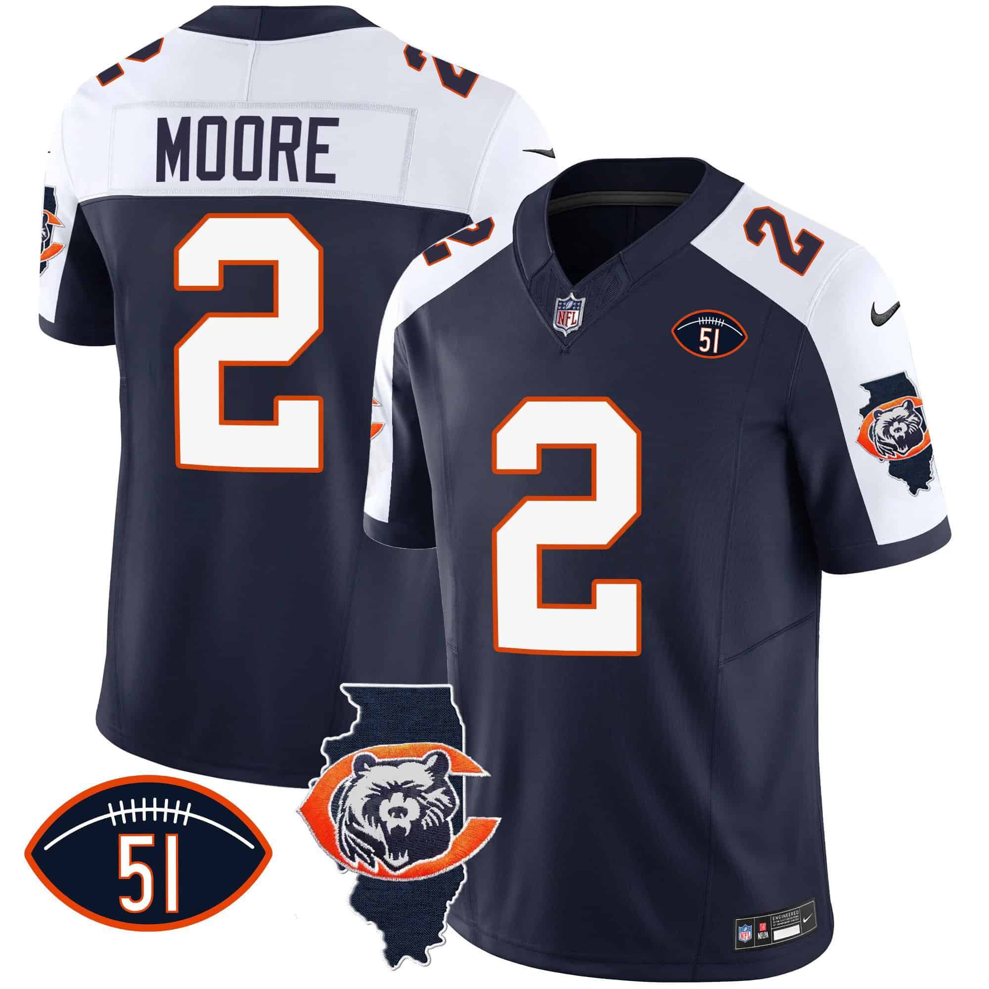 Men Chicago Bears #2 Moore Blue 2024 Nike Throwback Illinois Patch Vapor NFL Jersey